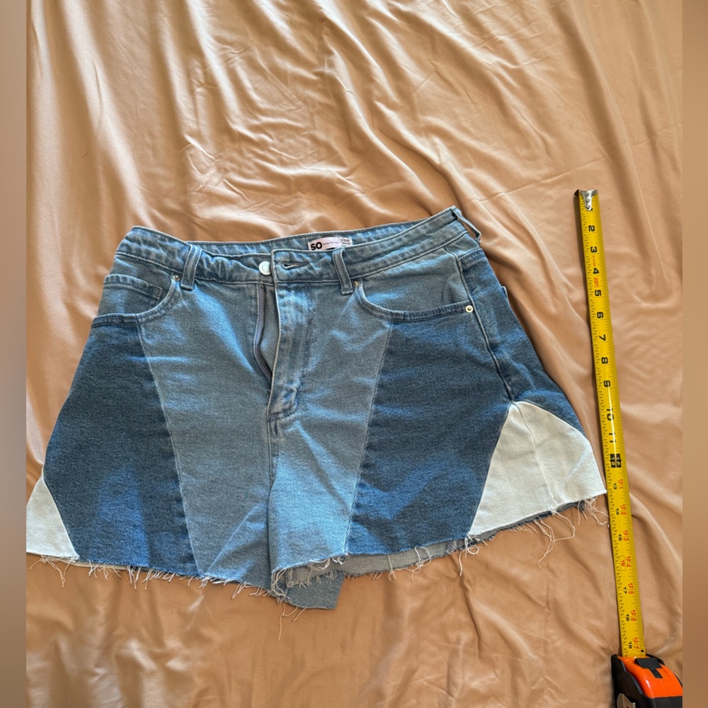 SO Patchwork Blue Denim Mini Shorts with Frayed Hem